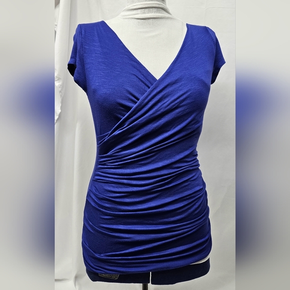 Candie's Blue Ruched Wrap Blouse with Cap Sleeves - Picture 1 of 7